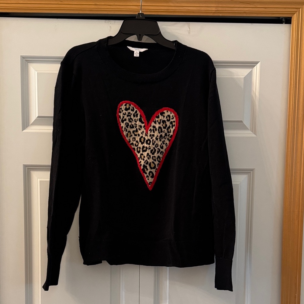 Time and Tru Black Sweater with Leopard Heart Design